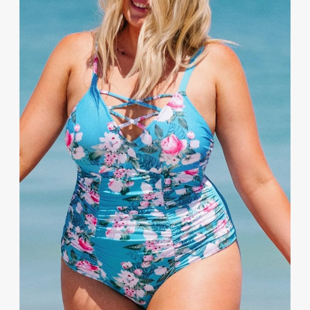 Cupshe Turquoise Floral Crisscross One-Piece Swimsuit